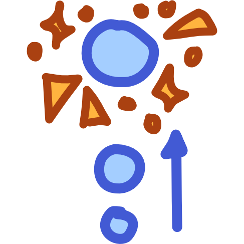 3 blue circles in a vertical line, the circles get progressively smaller. The circle at the top is surrounded by sparkles.  An arrow shadows the arrangement pointing to this sparkly circle.
